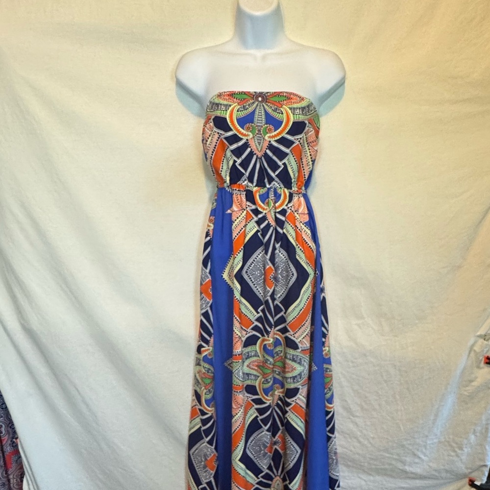 F-170 West 36th Blue & Orange Colorful Strapless Maxi Dress Size M